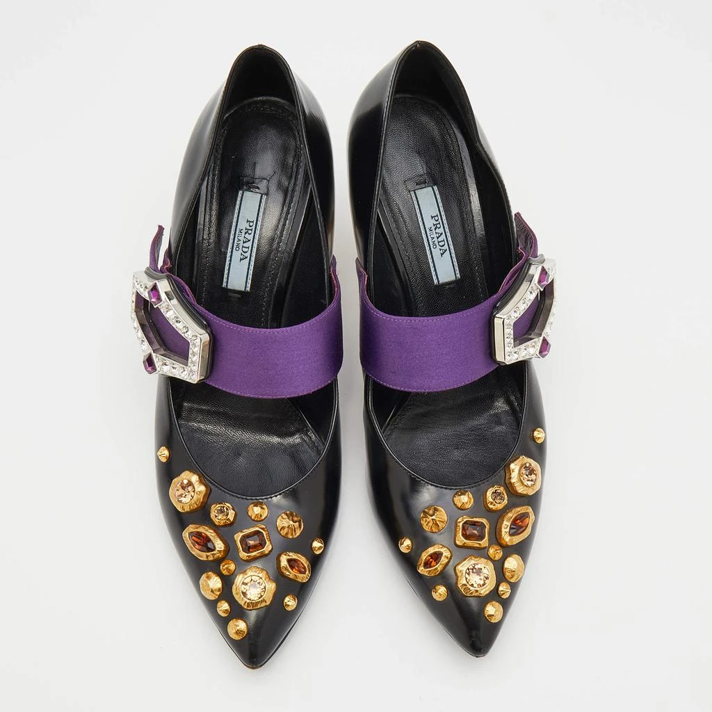 商品[二手商品] Prada|Prada Black/Purple Leather And Satin Jeweled Mary Jane Pointed Toe Pumps Size 39,价格¥1266,第3张图片详细描述