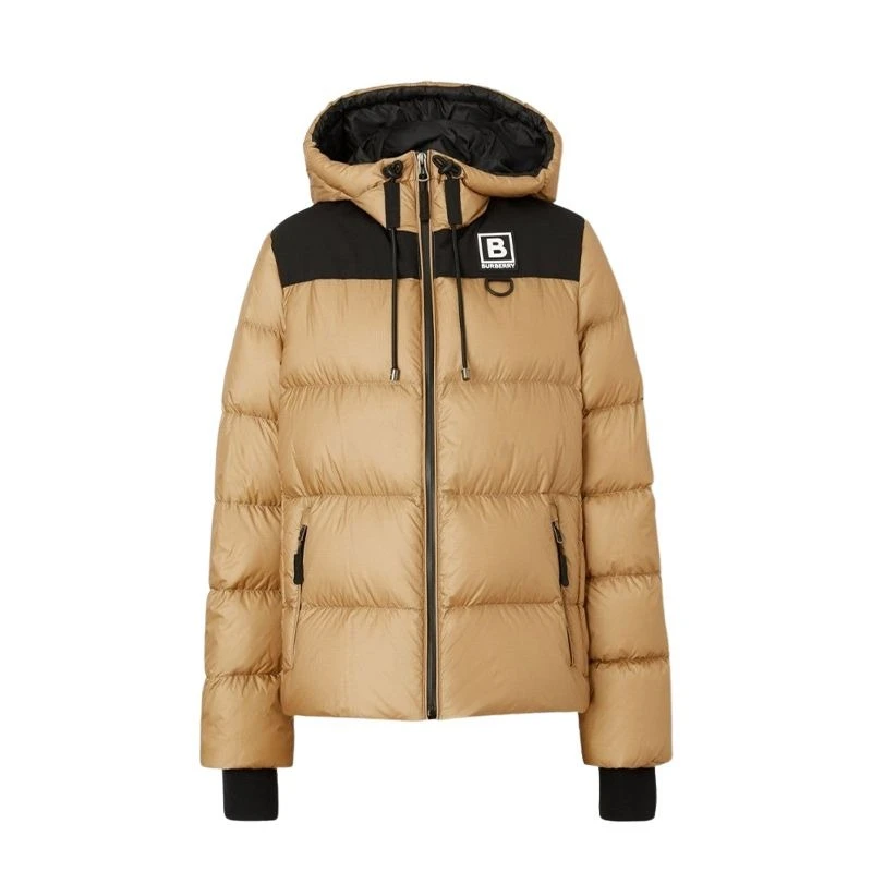 商品Burberry|【现货】博柏利 女米黄色黑色拼接涤纶徽标连帽拉链羽绒服80613371,价格¥3884,第1张图片