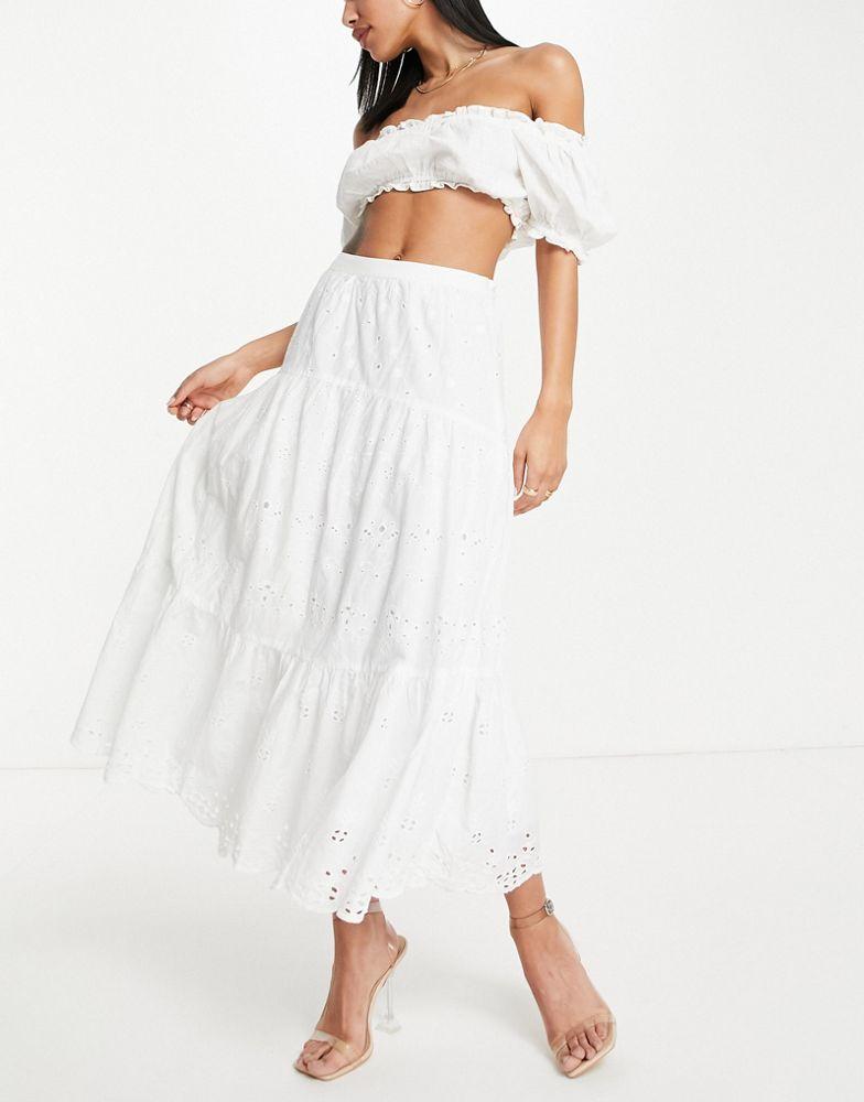 French Connection cotton tiered maxi skirt in white embroidery - WHITE商品第1张图片规格展示