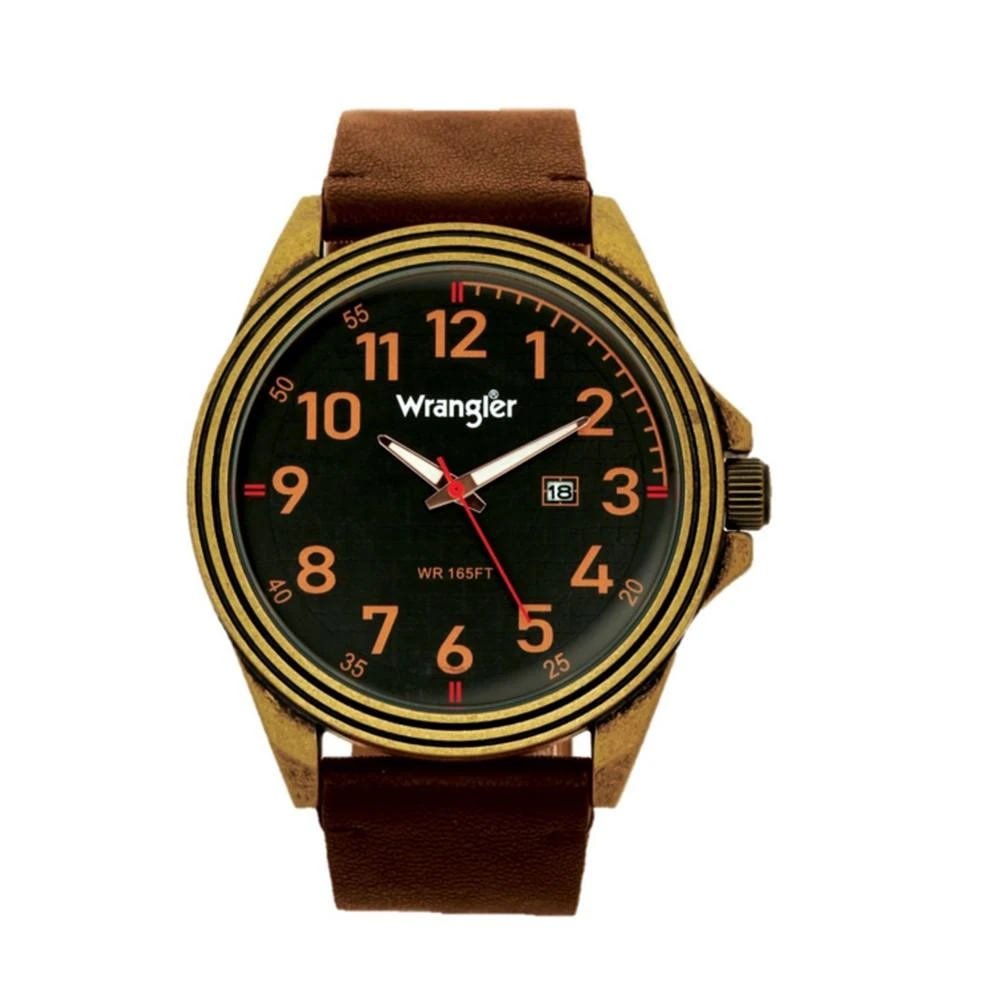 商品Wrangler|Men's, 48MM Antique Brass Case, Black Dial, Bronze Arabic Numerals, Black Strap, Analog Watch with Red Second Hand, Date Function,价格¥490,第1张图片