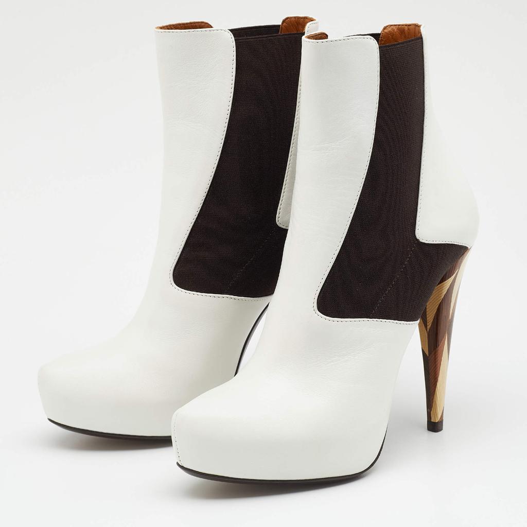 Fendi White/Brown Leather And Stretch Fabric Platform Ankle Boots Size 37.5商品第2张图片规格展示