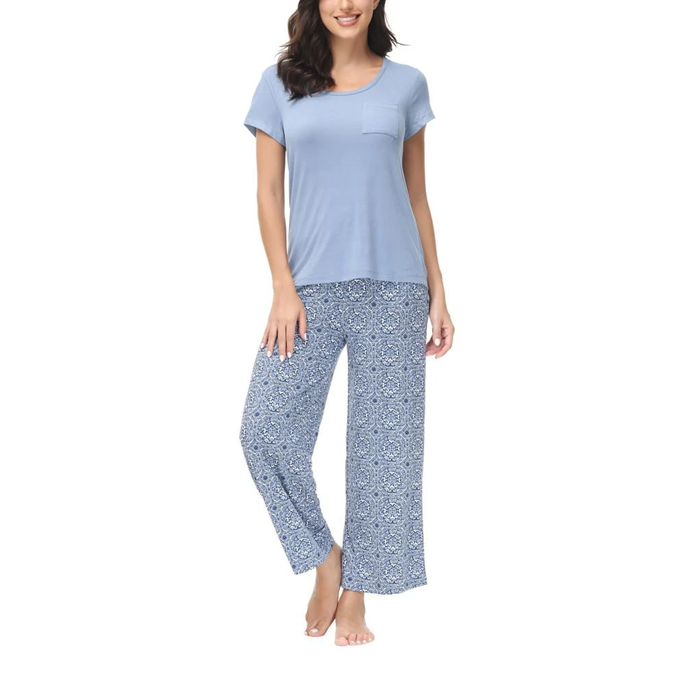 商品INK+IVY|Women's Solid Short Sleeve Top with The Cropped Wide Leg Pants 2 Piece Pajama Set,价格¥402,第5张图片详细描述