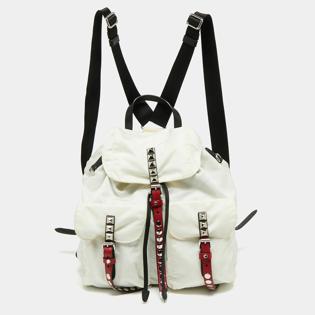 Prada White/Black Nylon and Leather New Vela Studded Backpack商品第1张图片规格展示