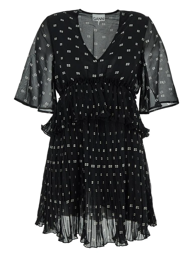 商品Ganni|Pleated Georgette V-neck Flounce Mini Dress,价格¥1291,第1张图片