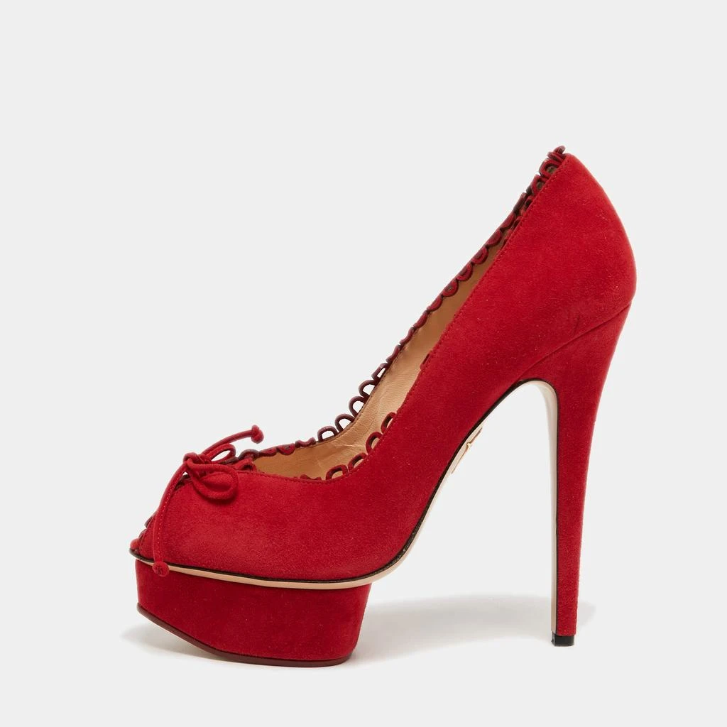 商品Charlotte Olympia|Charlotte Olympia Red Suede Daphne Scalloped Trim Peep Toe Platform Pumps Size 40.5,价格¥2521,第1张图片