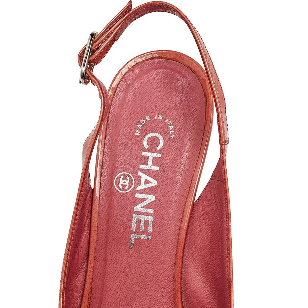 Chanel Orange Patent Leather Platform Slingback Sandals Size 38.5 商品