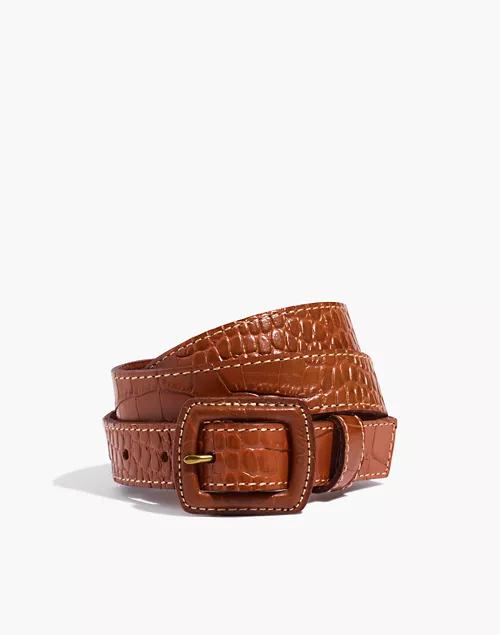 Croc-Embossed Leather Covered Buckle Belt商品第1张图片规格展示