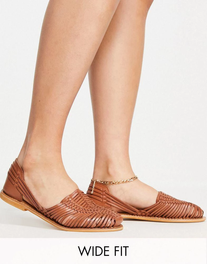 商品ASOS|ASOS DESIGN Wide Fit Mileage woven leather flat shoes in tan,价格¥134,第1张图片