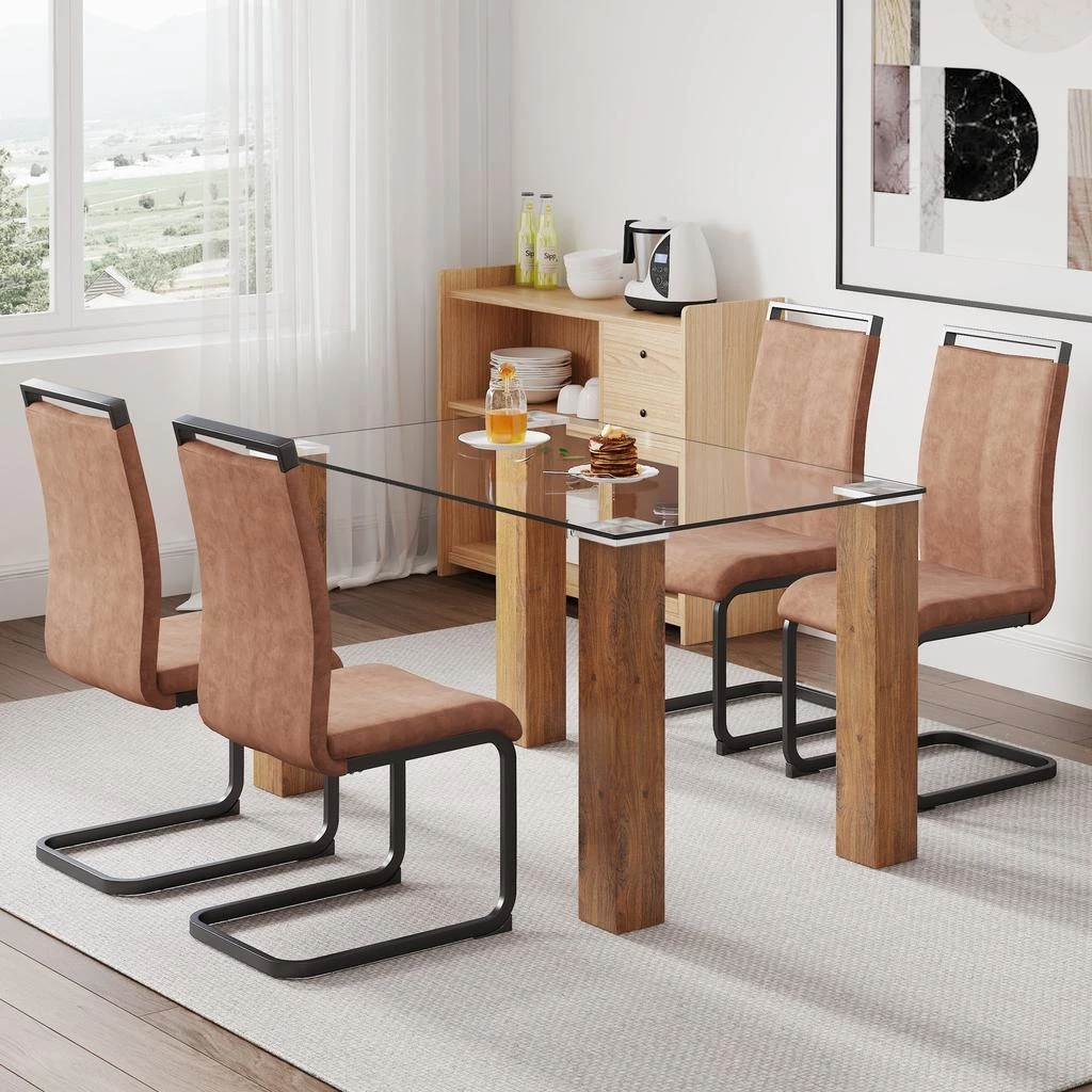 商品Streamdale Furniture|Streamdale Modern Glass Table & Brown Chair Set (1+4),价格¥5108,第2张图片详细描述