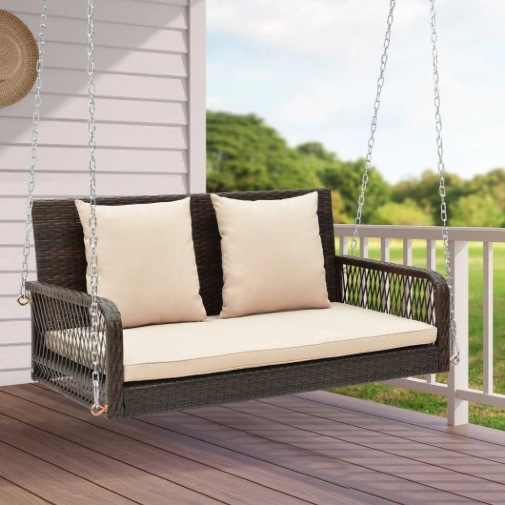 商品Hivvago|2-Person Outdoor Wicker Porch Swing with Seat and Back Cushions-Beige,价格¥1565,第1张图片