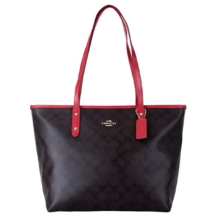 商品[国内直发] Coach|蔻驰 City Zip Tote 30 拉链 帆布配皮 托特包Tote包购物袋手提单肩包 女款 深棕老花配红色,价格¥1841,第1张图片