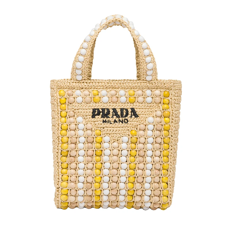 商品Prada|PRADA/普拉达 22新款 女士彩色木球编织拉菲草木质手柄刺绣字母手提托特包1BG425_2FJ0_F0018_V_OOO,价格¥12467,第1张图片