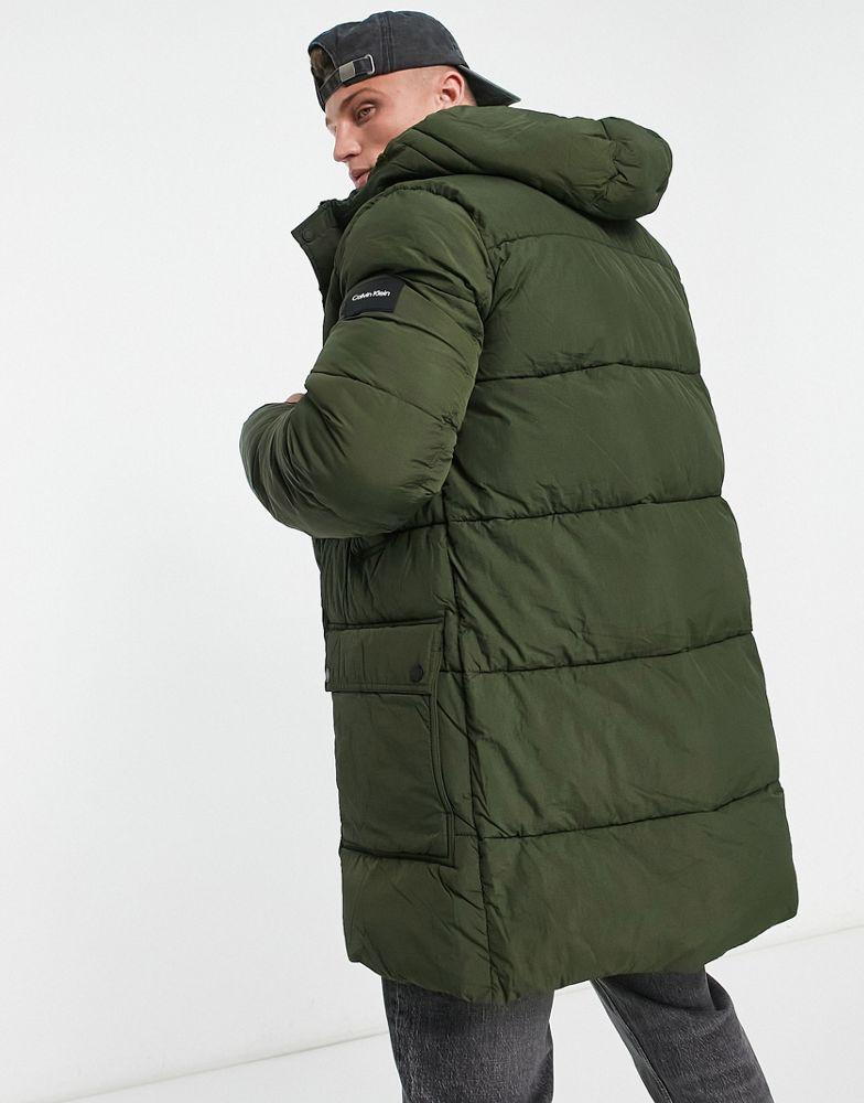 Calvin Klein crinkle nylon longline hooded puffer jacket in dark green商品第2张图片规格展示