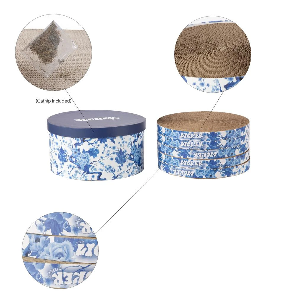 商品THE LICKER STORE|Kate 12" Modern Patterned Cardboard Reversible Cat Scratcher Pad In Box with Catnip, Blue/White (5-Pack),价格¥364,第2张图片详细描述