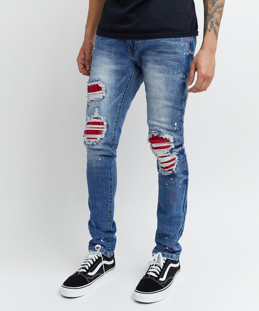商品Reason Clothing|Vincent Ripped Red Patched Slim Fit Denim Jeans,价格¥222,第7张图片详细描述