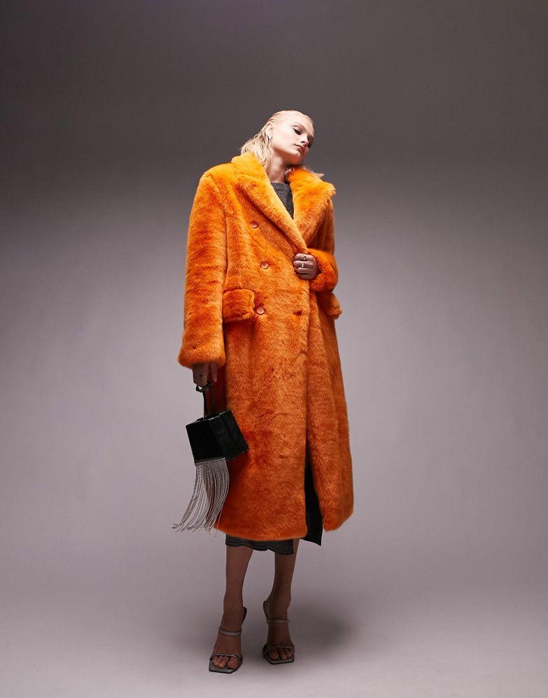 Topshop oversized long-line faux fur coat in bright orange商品第1张图片规格展示