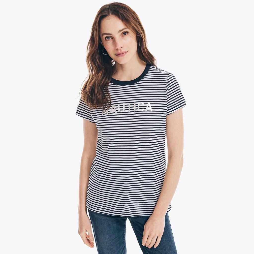 商品Nautica|Nautica Womens Striped Foil Logo Graphic T-Shirt,价格¥80,第1张图片