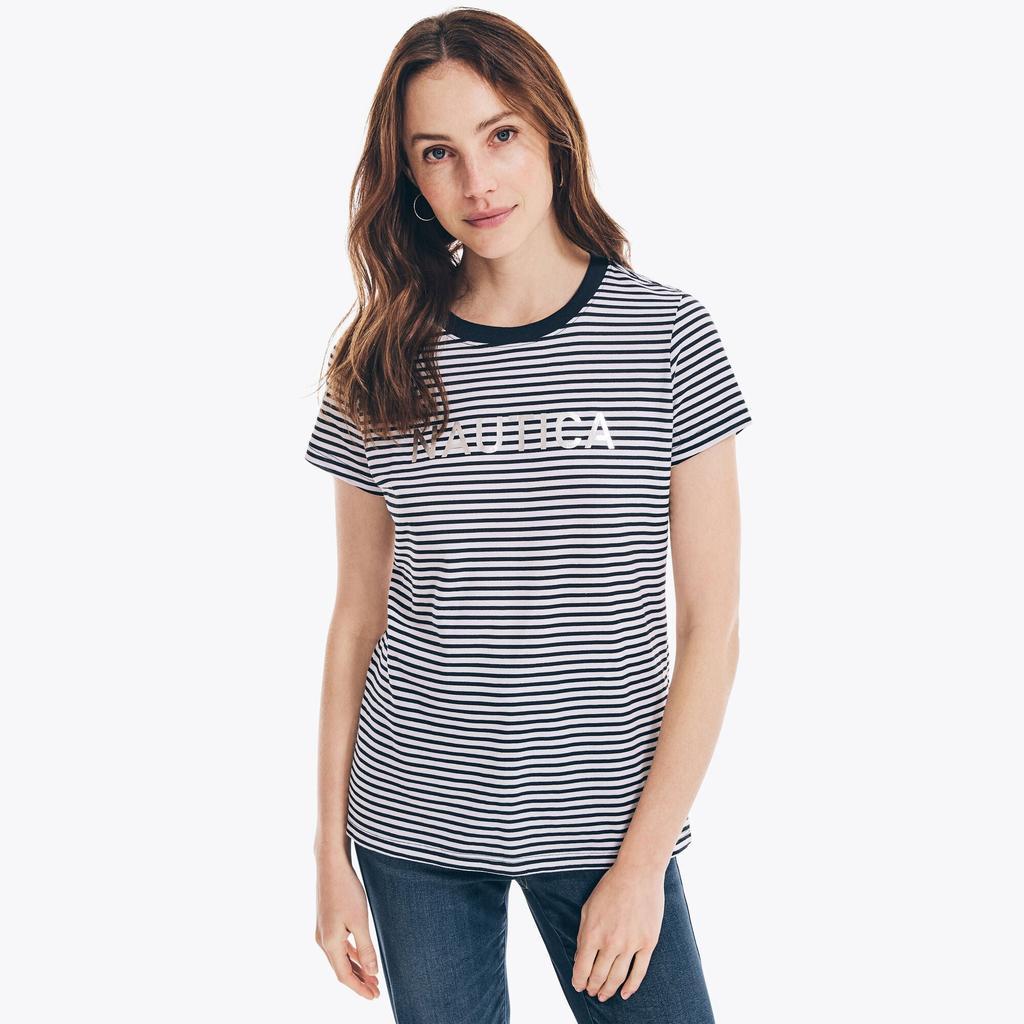 商品Nautica|Nautica Womens Striped Foil Logo Graphic T-Shirt,价格¥94,第1张图片