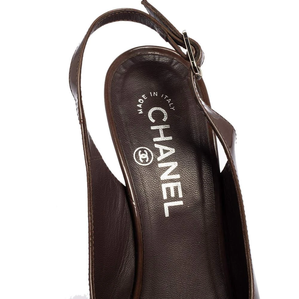 Chanel Olive Brown Patent Leather Peep Toe Slingback Platform Sandals Size 37.5 商品