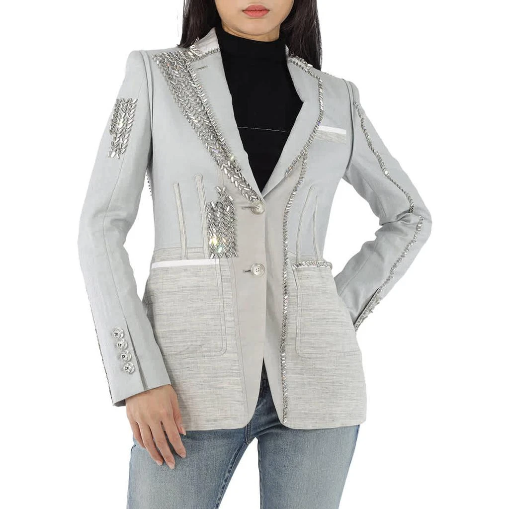 商品Burberry|Ladies Grey Melange Technical Linen Blazer with Crystal Embroidery,价格¥19892,第1张图片