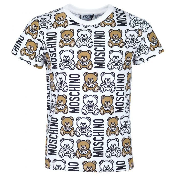 White Repeated Pixel Teddy & Logo T Shirt商品第1张图片规格展示