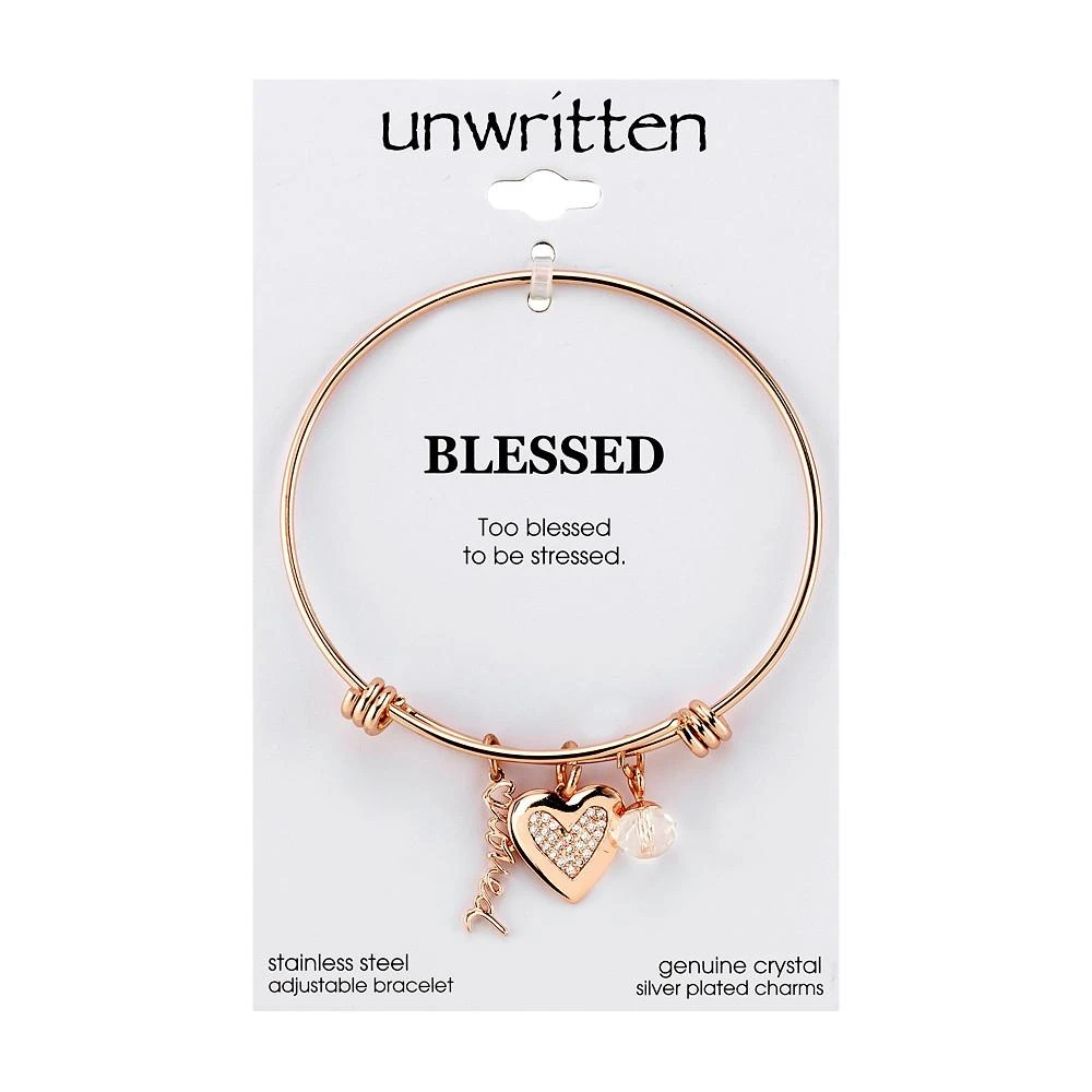 商品Unwritten|Rose Gold-Tone "Loved" Crystal Heart Adjustable Bangle Bracelet in Stainless Steel,价格¥207,第2张图片详细描述