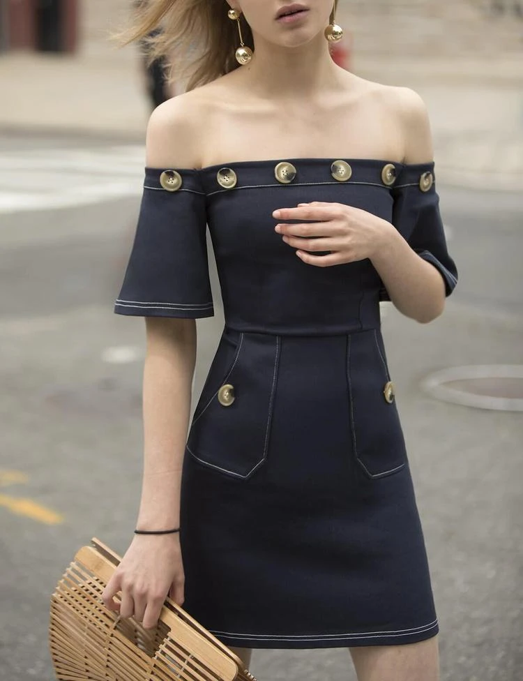 商品Pixie Market|Leah Navy Button Off The Shoulder Dress,价格¥941,第2张图片详细描述
