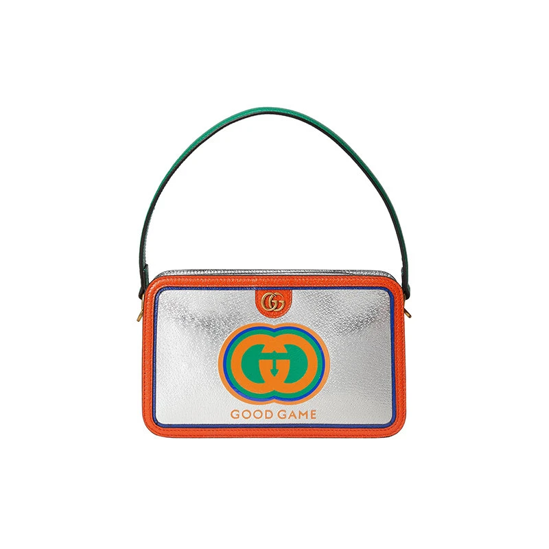商品Gucci|【预售3-7天】古驰23春夏新款GoodGame系列男士银色金属丝皮革配彩色皮革饰边双G拆卸调节肩带拉链开合单肩手提包720535AAA6I8143,价格¥12445,第5张图片详细描述