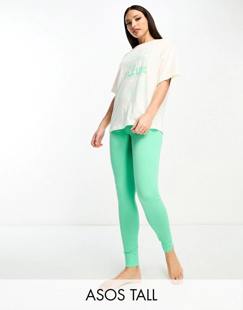 商品ASOS|ASOS DESIGN Tall exclusive flower placement oversized tee & legging pyjama set in cream & green,价格¥196,第1张图片