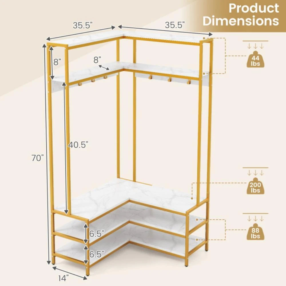 Corner Garment Rack with Open Shelves and 7 Hooks Shoe Bench-White 商品