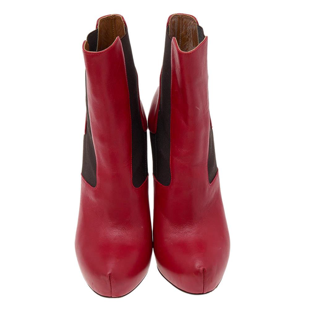 Fendi Red/Brown Leather And Stretch Fabric Platform Ankle Boots Size 37.5商品第3张图片规格展示