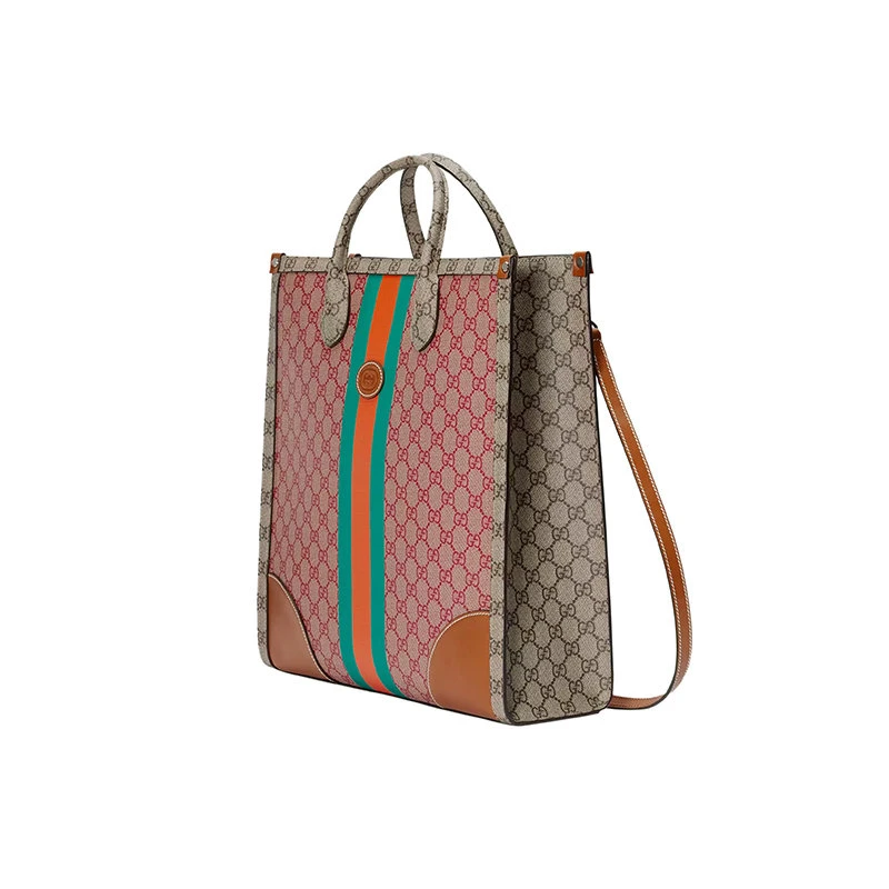 商品Gucci|【预售3-7天】古驰23新款兔年限定系列男士粉色/米色/乌木色帆布配皮条纹图案钩扣开合手提托特包723885FAA068343,价格¥16340,第4张图片详细描述
