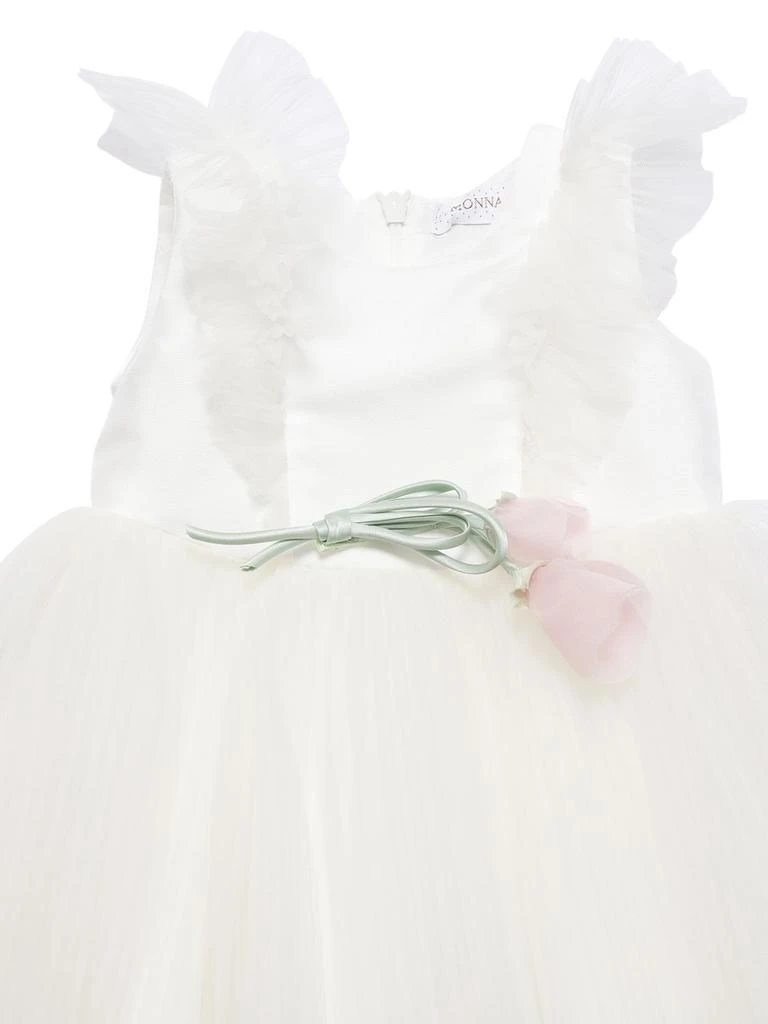 商品MONNALISA|Tulle & Cotton Dress W/ Flower Appliqué,价格¥1021,第1张图片详细描述