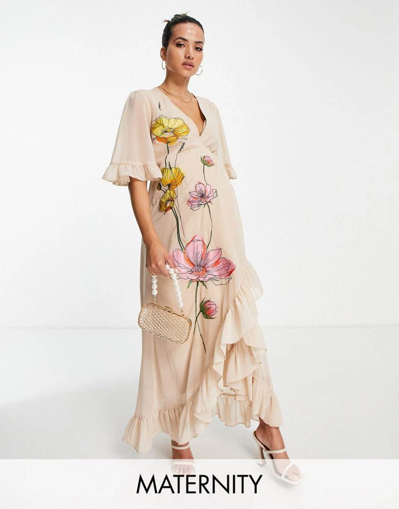 商品Hope & Ivy Maternity|Hope & Ivy Maternity embroidered wrap maxi dress in peach floral,价格¥517,第1张图片