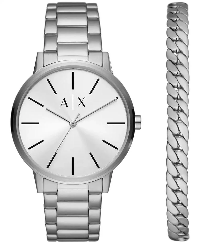 商品Armani Exchange|Men's Three-Hand Silver-tone Stainless Steel Bracelet Watch and 1 Bracelet Gift Set,价格¥811,第1张图片