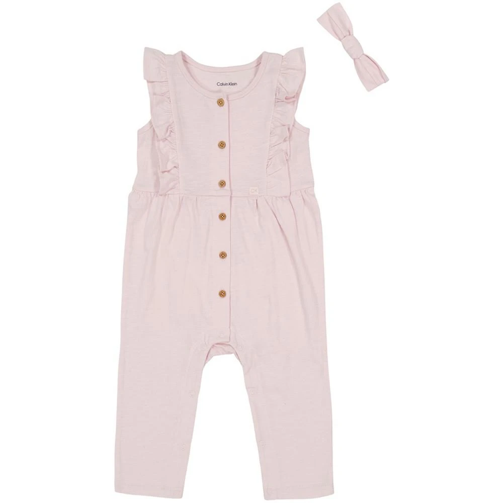 商品Calvin Klein|Baby Girls Ruffle Trim Jumpsuit and Headband, 2 Piece Set,价格¥111,第1张图片