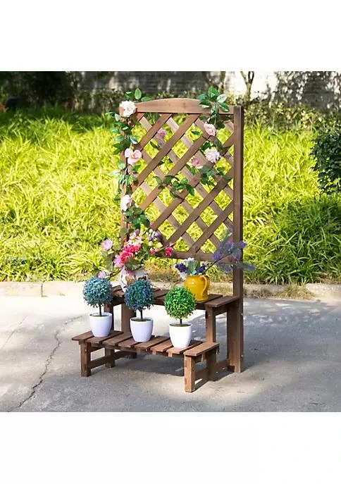 商品Outsunny|2 Tier Wooden Garden Elevated Plant Stand Display Free Standing Flower Pot Rack With Climbing Vine Trellis For The Backyard Brown,价格¥948,第3张图片详细描述