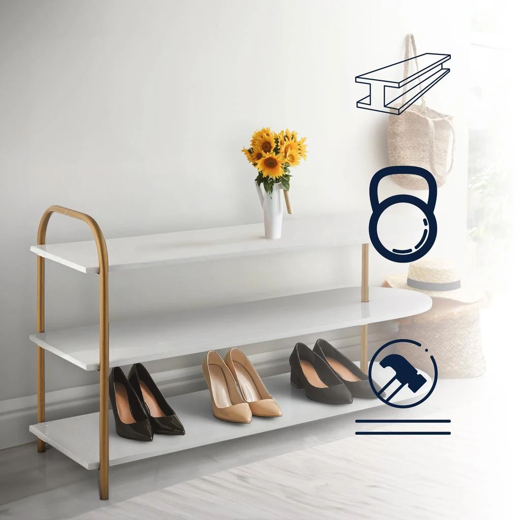 商品happimess|Modern 24" 9-Pair 3-Tier Iron Curved Decker Shoe Rack, White/Gold,价格¥2784,第4张图片详细描述