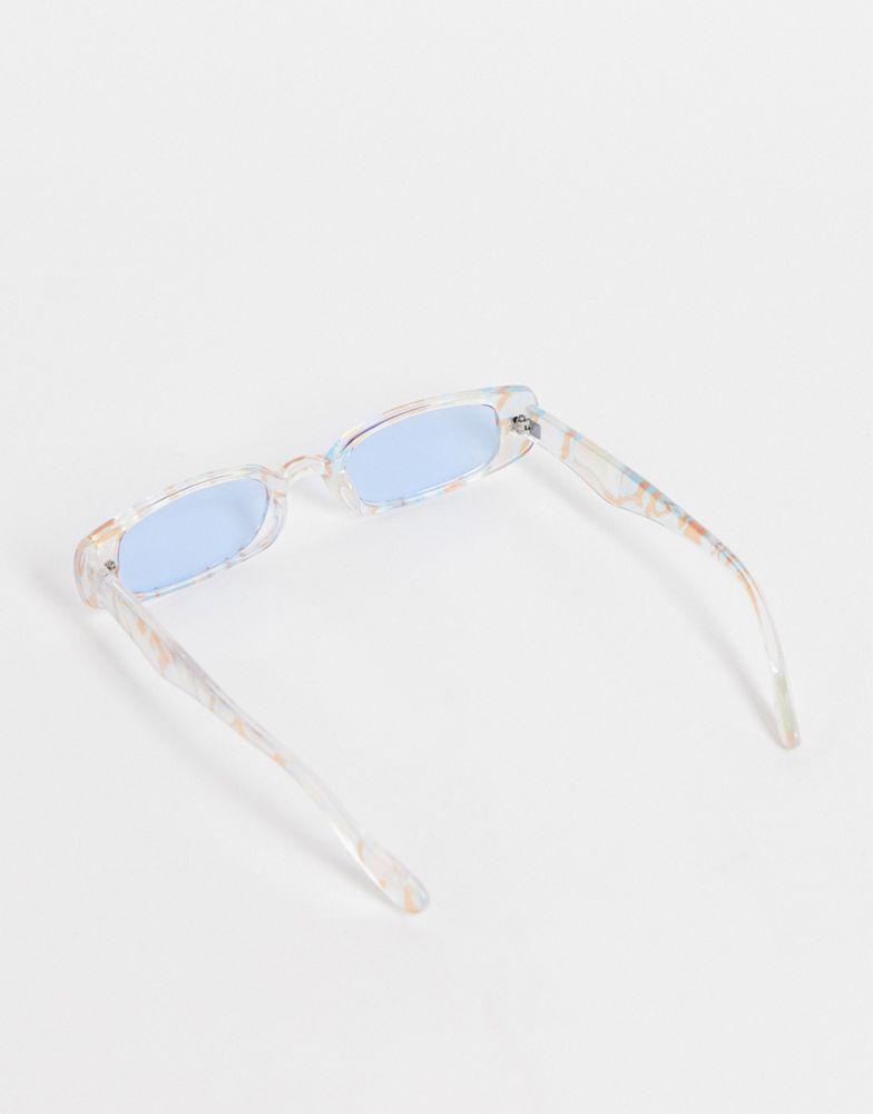 商品ASOS|ASOS DESIGN slim rectangle sunglasses with blue lens in pastel marble effect - MULTI,价格¥60,第5张图片详细描述