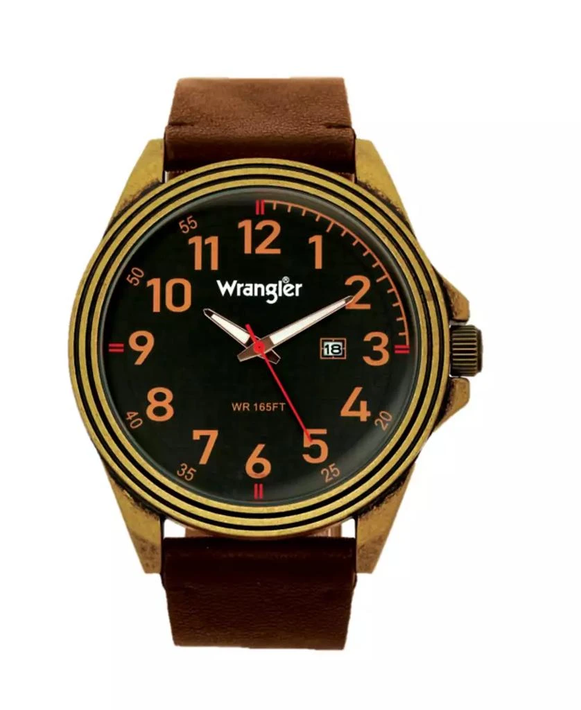 商品Wrangler|Men's, 48MM Antique Brass Case, Black Dial, Bronze Arabic Numerals, Black Strap, Analog Watch with Red Second Hand, Date Function,价格¥502,第1张图片