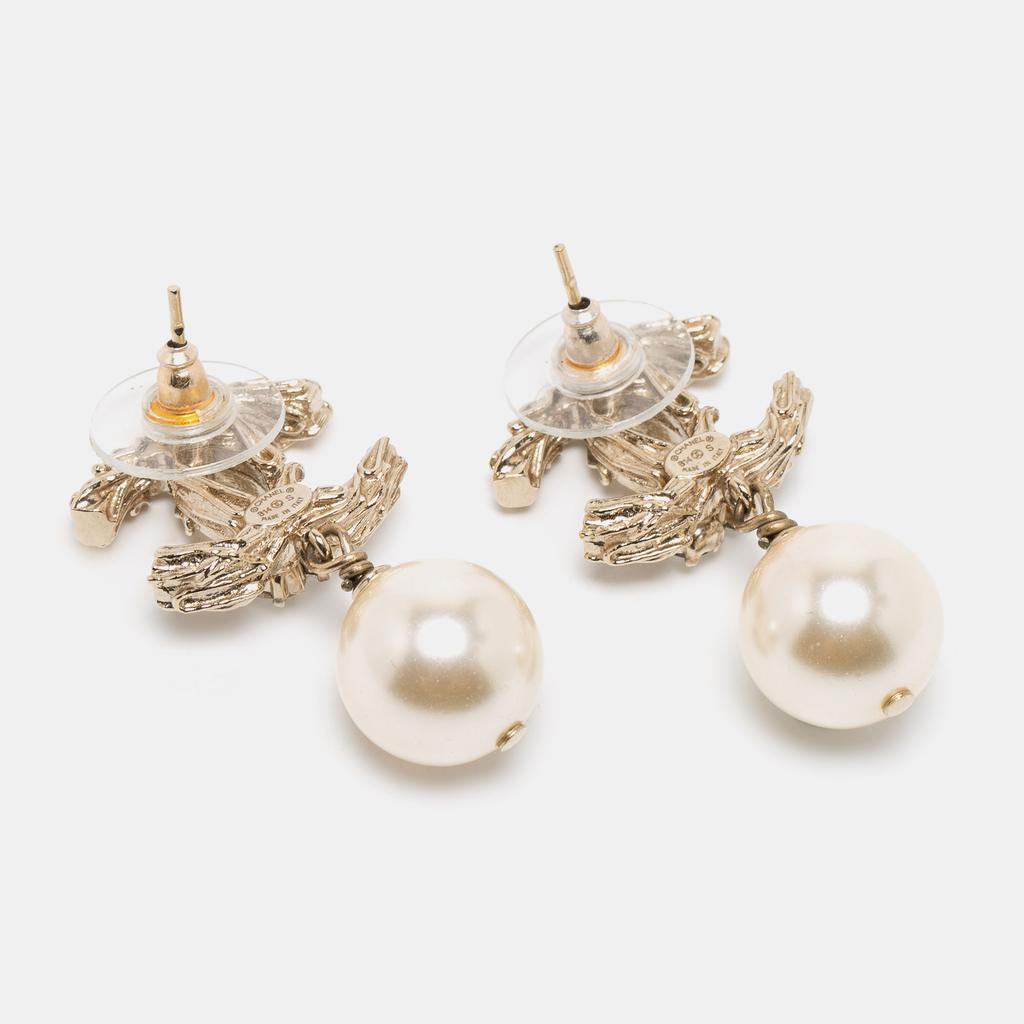 Chanel CC Faux Pearl Crystals Gold Tone Drop Earrings商品第4张图片规格展示