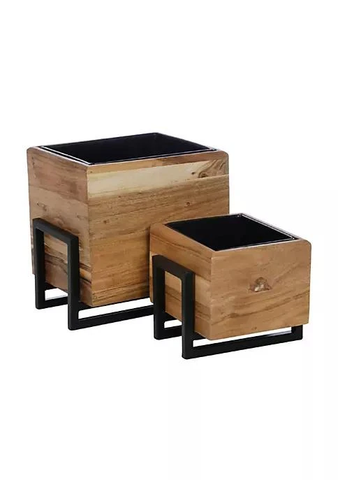 商品Duna Range|Range Square Wooden Planter With Metal Base And Grain Details Set Of 2 Brown,价格¥838,第1张图片