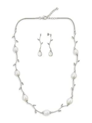 2-Piece Sterling Silver, 10MM Oval Freshwater Pearl & Topaz Necklace & Earrings Set商品第1张图片规格展示