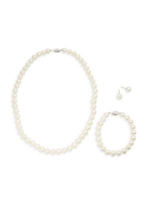 925 Sterling Silver & 8-9mm White Semi-Round Freshwater Pearl Collar Necklace, Bracelet & Stud Earrings Set商品第1张图片规格展示