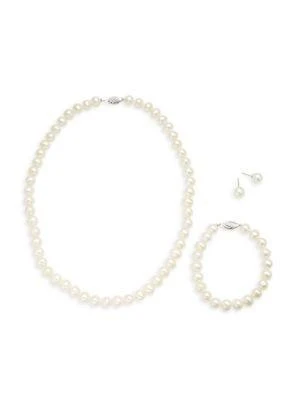 商品BELPEARL|3-Piece Sterling Silver 8-9mm White Semi Round Cultured Freshwater Pearl Collar Necklace, Bracelet & Stud Earrings Set,价格¥838,第1张图片