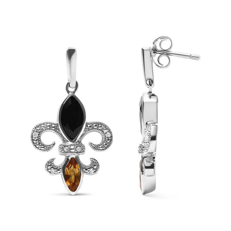 商品Haus of Brilliance|.925 Sterling Silver Marquise Cut Onyx And Citrine With Diamond Accent Fleur De Lis Drop Stud Earrings (H-I Color, SI1-SI2 Clarity),价格¥3910,第2张图片详细描述