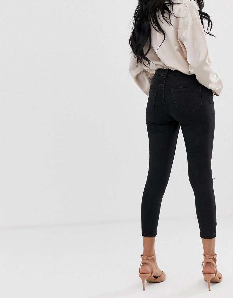 商品ASOS|ASOS DESIGN Petite Ridley high waisted skinny jeans in clean black with ripped knees,价格¥176,第2张图片详细描述