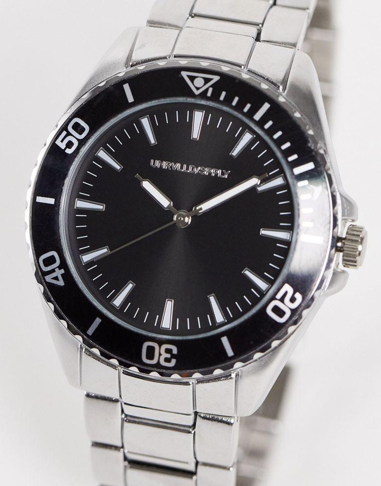 商品ASOS|ASOS DESIGN bracelet watch with silver brushed detail and black face,价格¥282,第1张图片