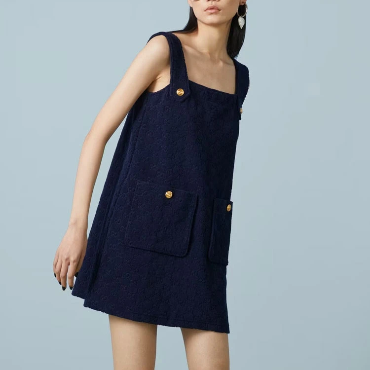 商品[国内直发] Gucci|[预售3天]古驰 SS23 纯色休闲纽扣无袖吊带连衣裙 女款 蓝色,价格¥13114,第5张图片详细描述