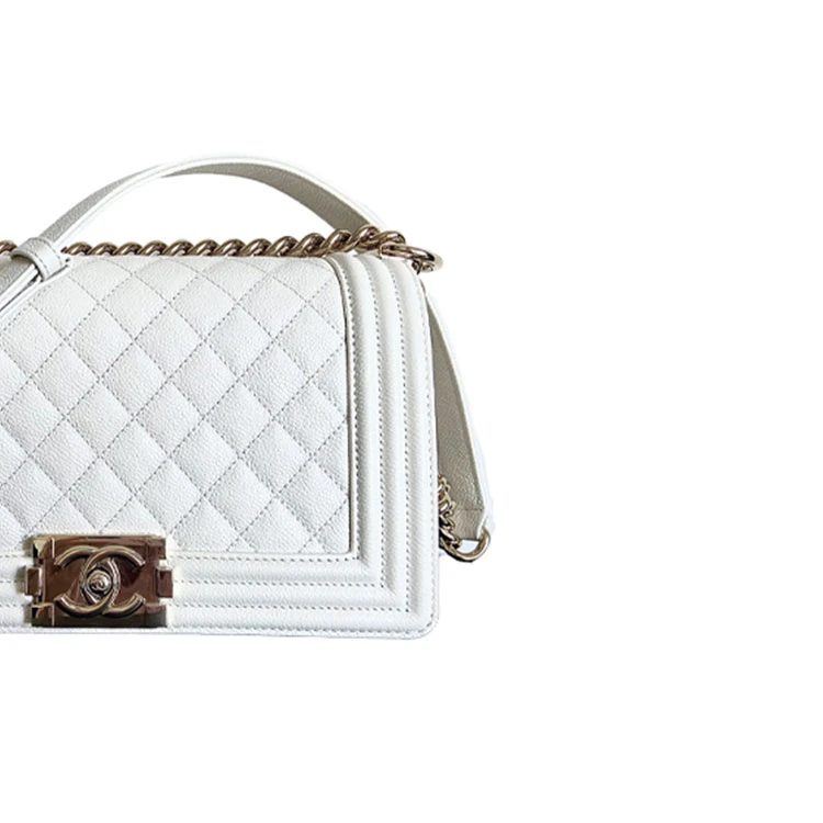 商品[国内直发] Chanel|香奈儿 LEBOY 金扣菱格纹链条颗粒压花 小牛皮 单肩斜挎包 中号 女款 白色,价格¥54451,第4张图片详细描述